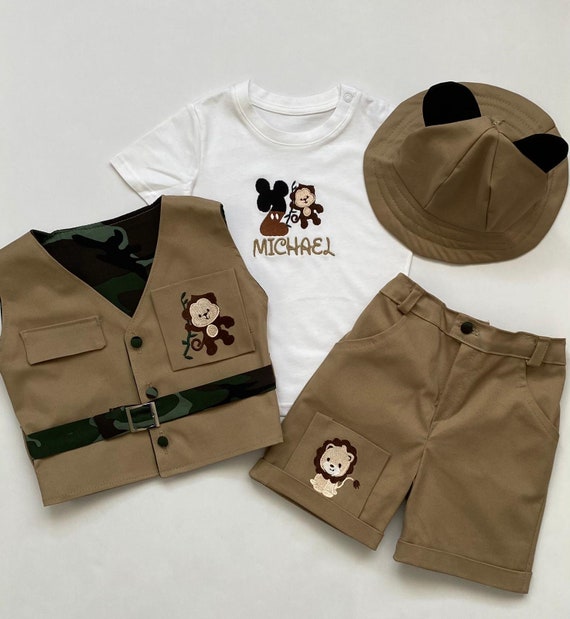 Personalized Mickey Mouse Inspired Short Safari Outfit, Toddler Suit, Safari Theme, Kid's Birthday Outfit Set, Photoshoot