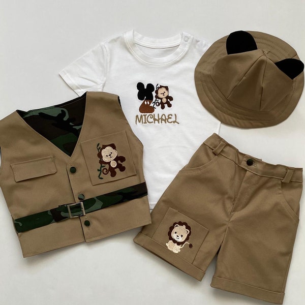 Tenue courte safari personnalisée inspirée de Mickey Mouse, costume pour tout-petit, thème Safari, ensemble de tenue d'anniversaire pour enfant, séance photo