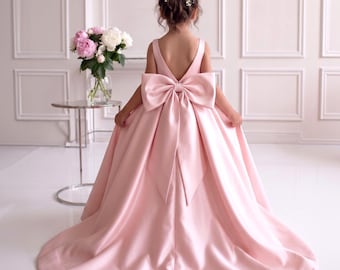 Pink Flower Girl Dress, Big Bow Back Satin Dress, Open Back Train Gown, Luxury Toddler Wedding Dress