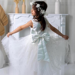 Pearl Tulle Flower Girl Dress, Girl Satin Wedding Dress, Elegant Girl Dress, Baptism Dress, Communion Dress, Ivory V Back Dress Knee Length