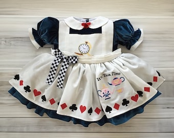 Alice in Wonderland Costume for Girls Kids and Toddler, Playing Card Skirt, Checker Princess, Tea Party Dress