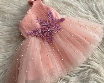 Powder First Birthday Tutu Dress, Baby Girl Prom Dress, Toddler Outfit, Wedding Pearl Dress,Powder Special Occasion Dress