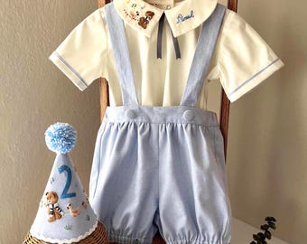 Embroidered Linen Baby Boy First Birthday Outfit, Blue Suspender Suit, Bear Theme