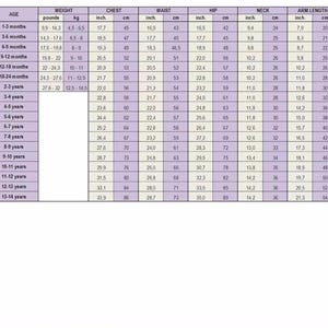 May include: A size chart for children, with measurements in inches and pounds. The chart includes age ranges from 1-3 months to 13-14 years, detailing chest, waist, hip, neck, and arm length measurements.