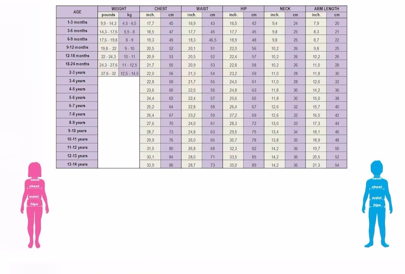 May include: A size chart for children, with measurements in inches and pounds. The chart includes age ranges from 1-3 months to 13-14 years, detailing chest, waist, hip, neck, and arm length measurements.