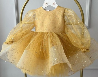 Gold Baby Tulle Dress,Girl 1stBirthday Dress,Baby Girl Outfit,Baby Silvery Tulle Dress,Dress For Special Occasion,Photo Shoot Baby