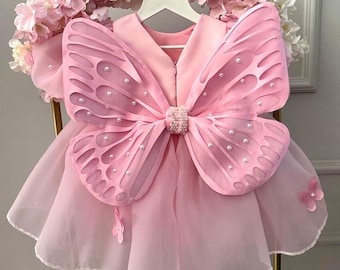 Pink Butterfly Dress with Wings: First Birthday Fairy Tutu, Pearl Accents