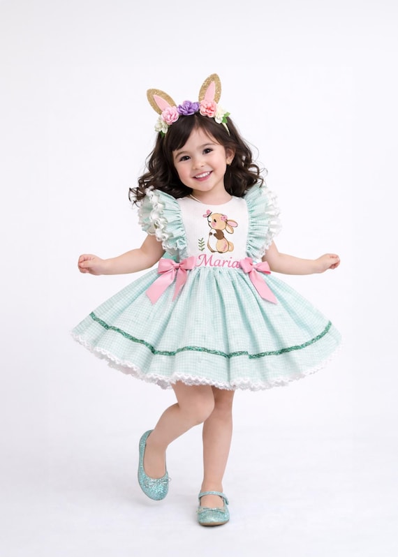 bunny birthday dress Personalized Gingham Bunny Dress, Easter Birthday Outfit, Cotton Tulle  Handmade