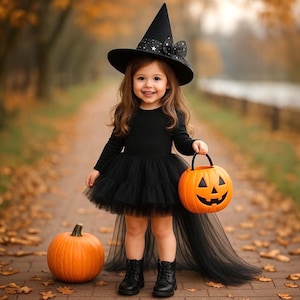 Mädchen Halloween Hexe Kleid mit Schwanz, Mädchen Gothic Hexe Outfit, Schwarzes Tutu Kleid, Mädchen Halloween Cosplay Kostüm, Süßes gruseliges Kleid für Mädchen