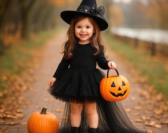 Girls Halloween Witch Tutu Dress with Tail: Gothic Cosplay Costume