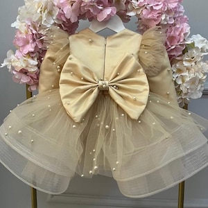 Girl Gold Satin Dress, Wedding Pearl Tutu Dress, 1st Birthday Tulle Dress, Pearl Stone Dress, Prom Dress, Toddler Puffy Dress, Fancy Dress