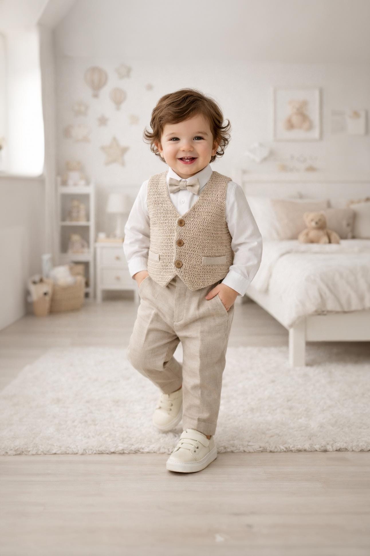 Ivory Linen Baby Baptism Outfit, 5 Piece Formal Suit with Bow Tie, Christening, Wedding