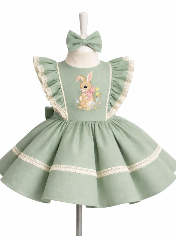 green easter dress Bunny Embroidered Girl Sage Dress, Girl Kids Toddler Sage Green Floral Pink Belted Vintage Style Puffy Comfy Easter Girls Dresses Size 8 10 Easter Dress Ideas -