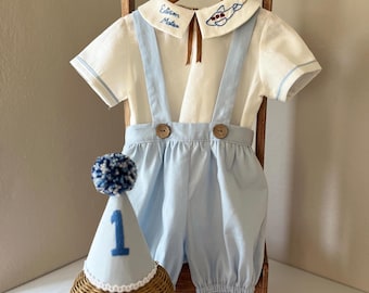 Airplane First Birthday Outfit for Boy, Toddler Birthday Pilot Outfit, Boy 1st Birthday Suit, Blue Romper Set