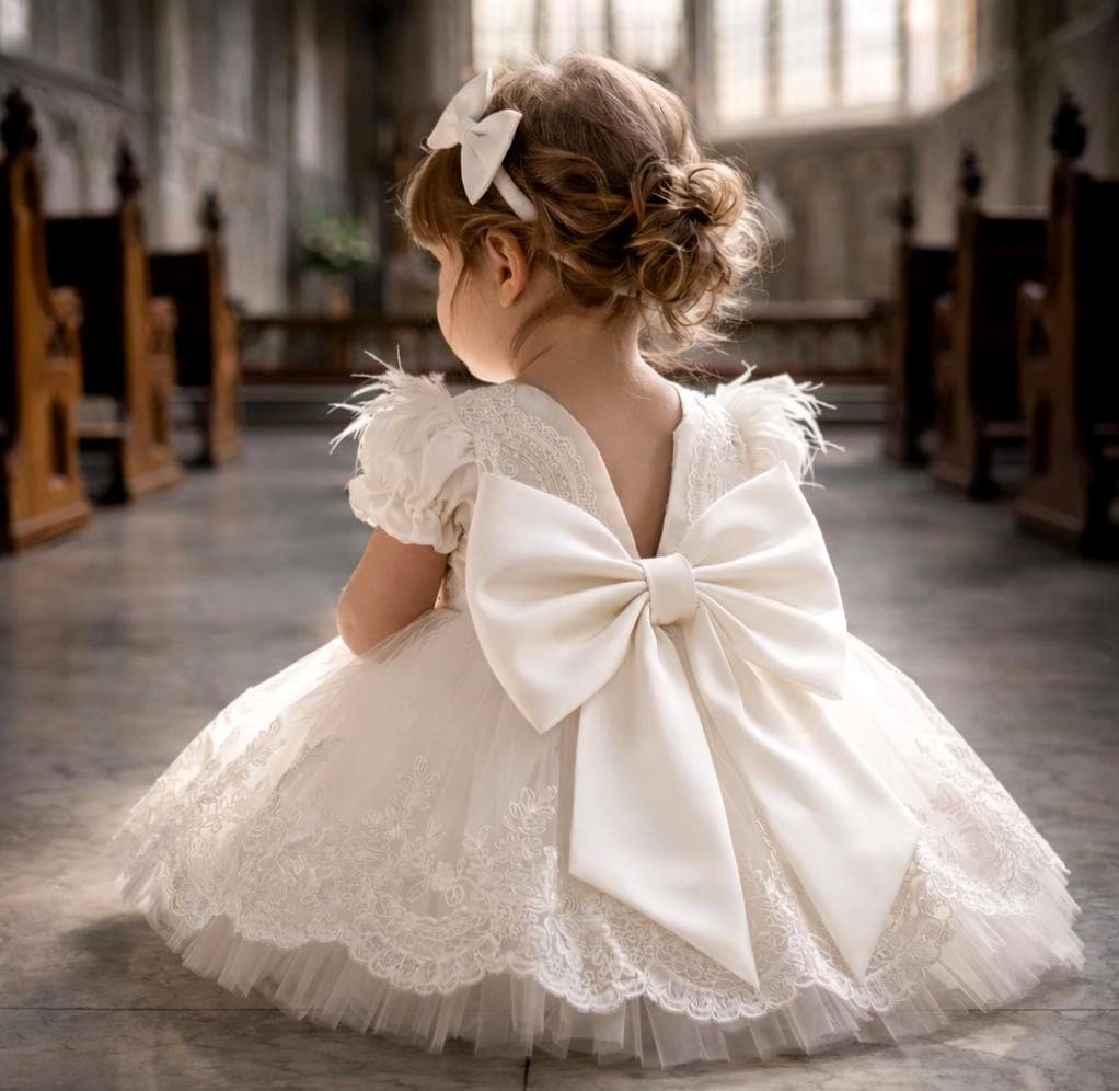 Girl Baptism Dress Set, Lace Christening Gown: Wedding Tulle Dress, Headband & Shoes