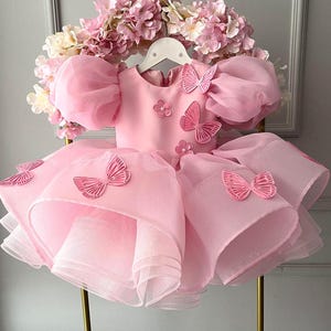 Vestido de cumpleaños de mariposa rosa ruborizado con alas, vestido para primer cumpleaños, vestido de fiesta para bebé, vestido de hada para niña pequeña, vestido de tul con tutú, vestido para ocasiones especiales.