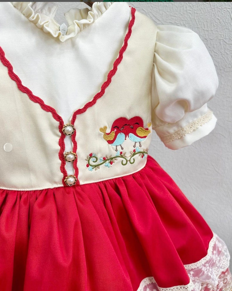 Abito vintage per bambina, abito dettagliato con uccello rosso, abito per ragazza di fiori, abito per il primo compleanno, abito per bambini, abito formale per bambini immagine 3