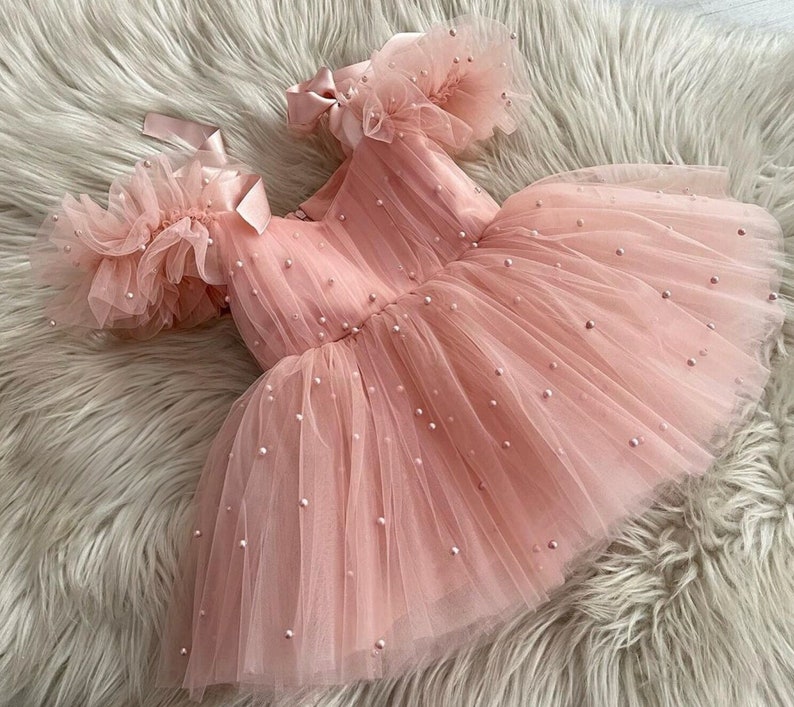 Powder Baby Girl Outfit, 1st Birthday Party Powder Dress, Formal Baby Powder Flower Girl Pearls Dress, Toddler Ballgown Style Dress zdjęcie 1