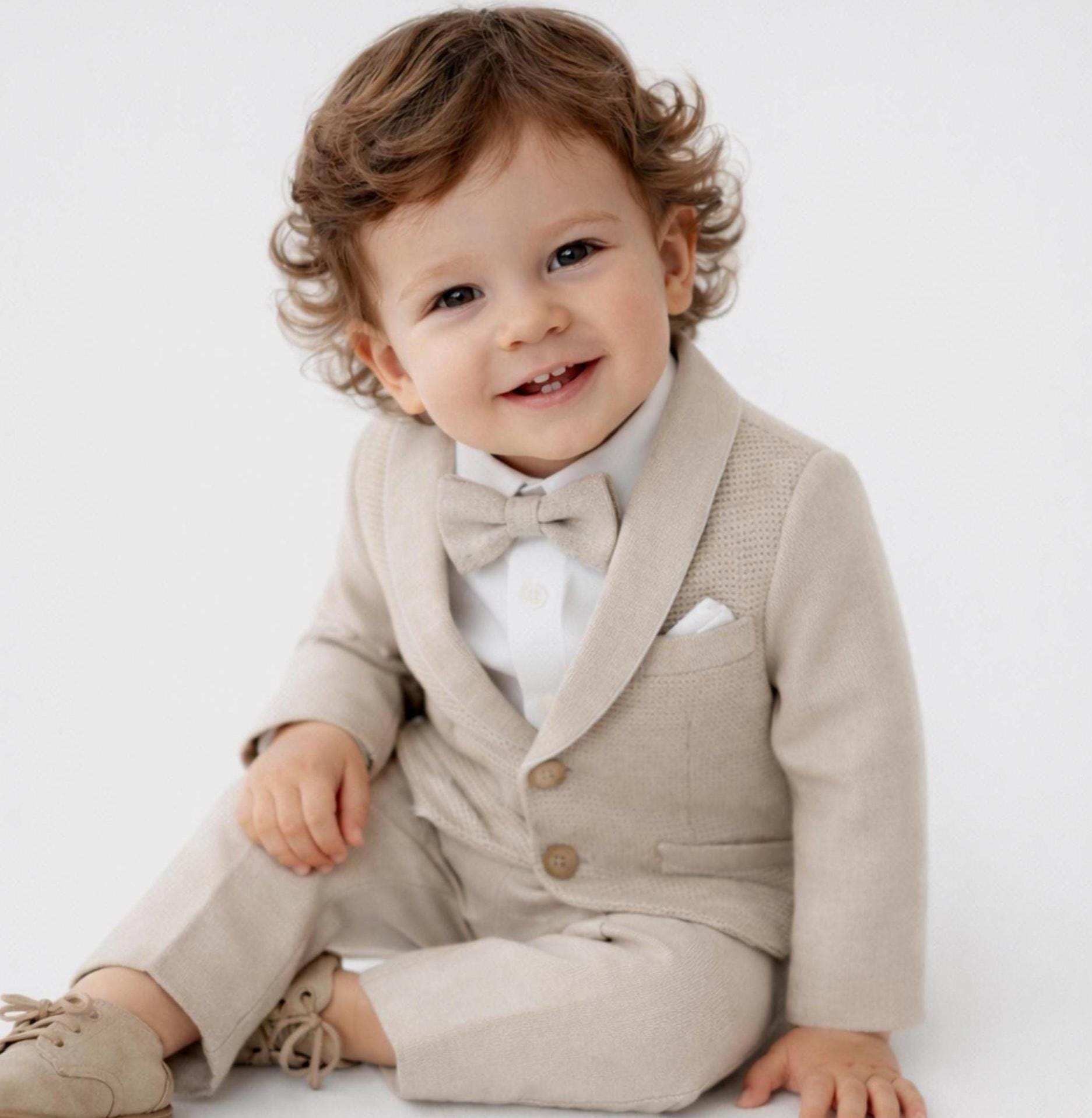 Baby Boy Formal Suit, Beige Christening Outfit with Bow Tie, Baptism, Wedding