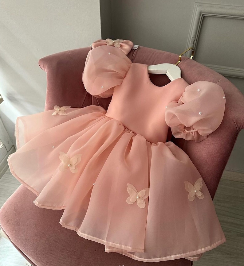 Baby Girl Butterfly Powder Dress, 1st Birthday Dress, Powder Flower Girl Dress, For Special Occasion, Toddler Party Dress zdjęcie 1