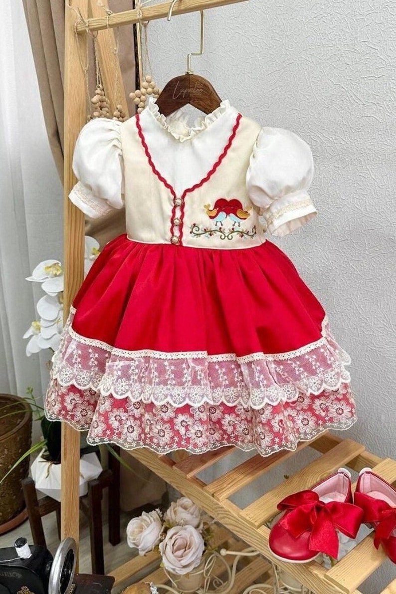 Abito vintage per bambina, abito dettagliato con uccello rosso, abito per ragazza di fiori, abito per il primo compleanno, abito per bambini, abito formale per bambini immagine 1