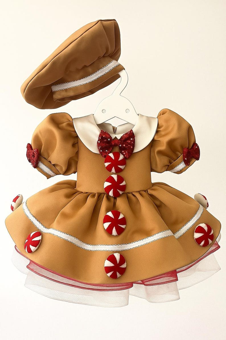 K&ouml;nnte beinhalten: Ein hellbraunes Kleid und eine passende Baskenm&uuml;tze, die einem Lebkuchenkeks &auml;hneln. Das Kleid hat einen wei&szlig;en Kragen, eine rote Schleife und S&uuml;&szlig;igkeitenakzente. Wei&szlig;e Verzierungen und rote Akzente zieren das Kleid und die Baskenm&uuml;tze.