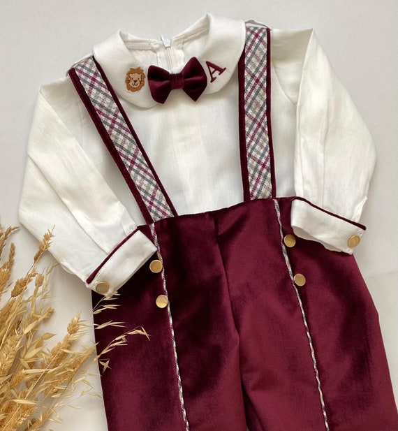 Burgundy Christmas Baby Boy Suspender Suit, Personalized Baby Boy
