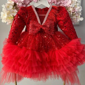 Red Tulle and Sparkly Girl Dress, Girl Special Occasion, Birthday Girl Tutu Dress, Red Gown Party Dress, Wedding Guest Dress Long Tail Dress