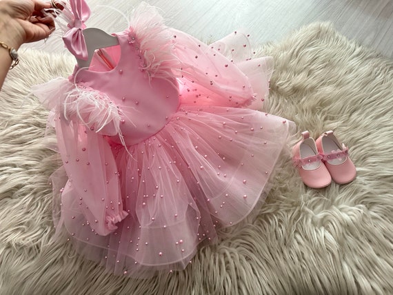 Toddler Evening Dress with Fluffy Skirt, Pearl Details, Birthday Girl Tulle Pink  Dress,Prom Party Dress,Flower Girl Pink Dress