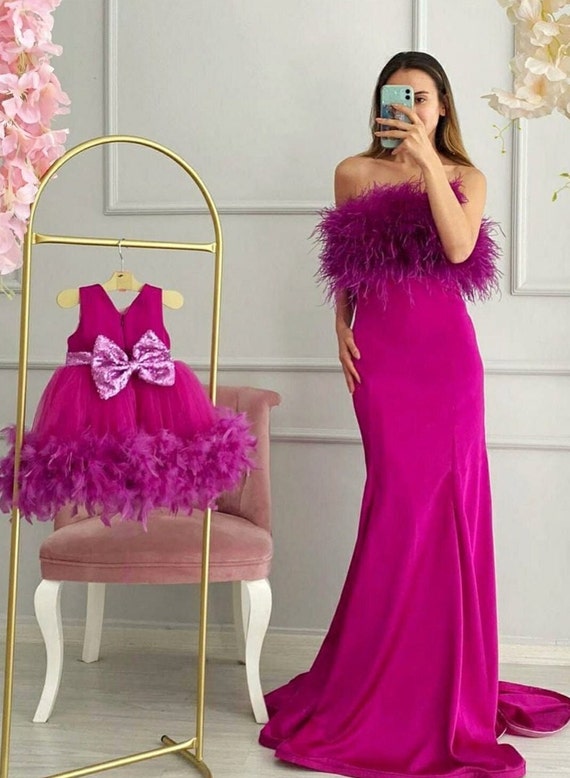 Mother Feather Dress, Mommy and Me Girls Evening Outfits, Mother Daughter Fuchsia Feather Dress, Birthday Dress