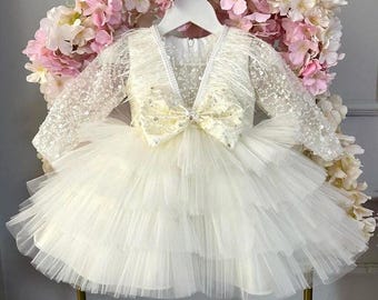 Vestido de gala de tul blanco con lentejuelas para bebé: Boda, primer cumpleaños, vestido de niña de las flores, bautizo, confirmación.