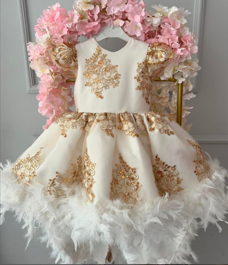 Girl Luxury Gold Sequin Dress, Flower Girls Dress, Fancy Puffy Gold Dress,Baby Girl Birthday Dress, Girl Ballgown Dress zdjęcie 2