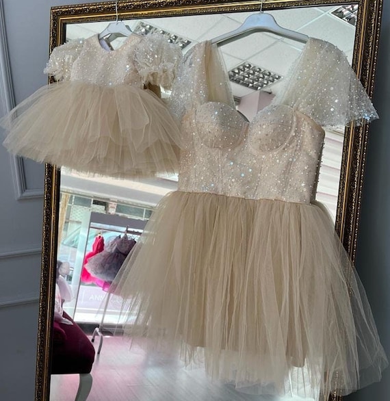 Mom and Me Tulle Dress, Mommy and Me Girls Evening Outfits, Mother Daughter Beige Tulle Dress, Birthday Dress