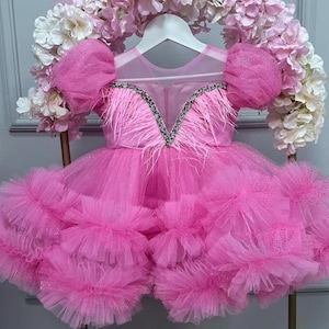 Pink Flower Girl Tutu Dress, First Birthday Party Puffy Dress, Baby Prom Dress, Toddler Tulle Dress, Baby Pagent Dress, Birthday Outfit