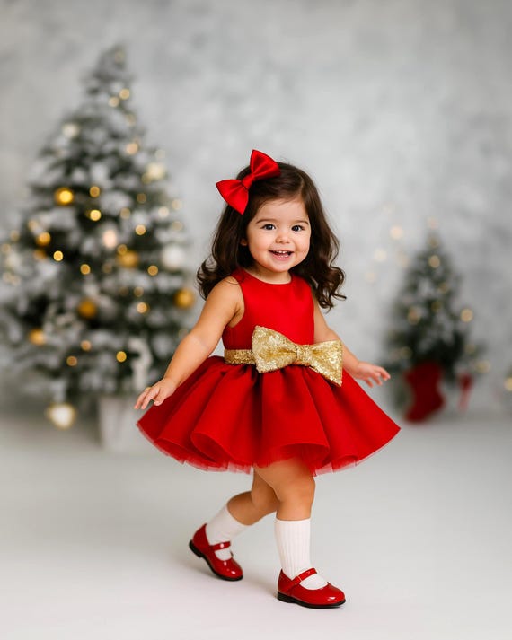 gold infant holiday dresses Handmade Red and Christmas Dress, Sequin Bow, Outfit pattern_Ruffles