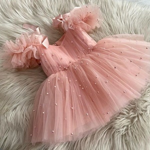 Powder Baby Girl Outfit, 1st Birthday Party Powder Dress, Formal Baby Powder Flower Girl Pearls Dress, Toddler Ballgown Style Dress zdjęcie 2