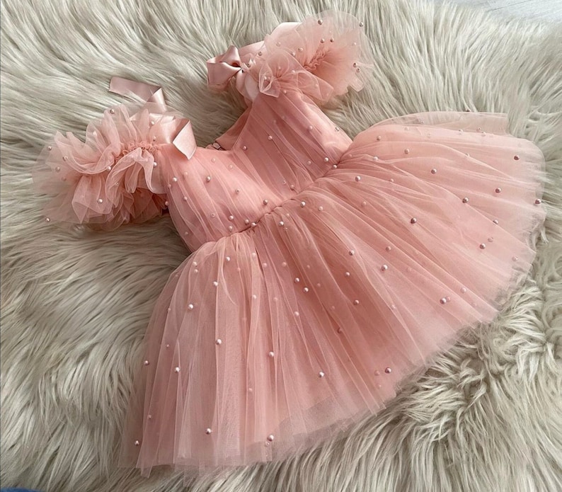 Powder Baby Girl Outfit, 1st Birthday Party Powder Dress, Formal Baby Powder Flower Girl Pearls Dress, Toddler Ballgown Style Dress zdjęcie 2