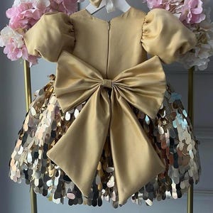 Gold Sequin Girl Party Dress, Baby Girl Wedding Big Bow Dress, Satin Sequined Flower Girl Dress, Fancy Toddler Tutu Dress, Baby Prom Dress