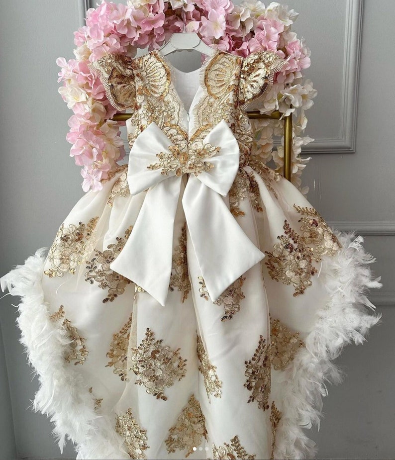 Girl Luxury Gold Sequin Dress, Flower Girls Dress, Fancy Puffy Gold Dress,Baby Girl Birthday Dress, Girl Ballgown Dress zdjęcie 1