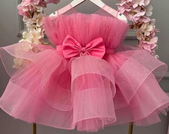 Robe tutu en tulle rose, tenue de princesse faite main pour un premier anniversaire (smash cake)