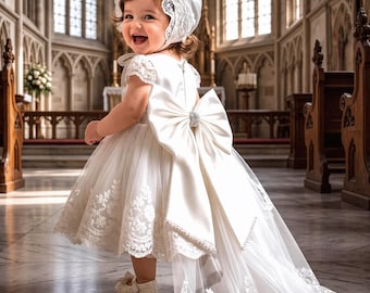 White Lace Baptism Dress Set, Baby Girl Christening Gown, Bonnet, Shoes, Bow Headband