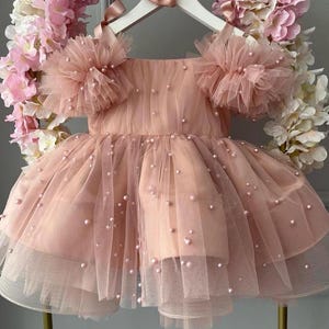 Pearl Tulle Flower Girl Powder Dress, 1st Birthday Dress, Toddler Pagent Dress, Special Occasion Dress for Girl, Girl Prom Dress, Tutu Dress
