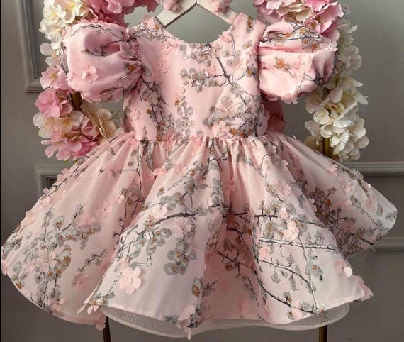 Pink Floral First Birthday Dress: Toddler Tutu Party Gown,big Bow Dress, Puffy Sleeve