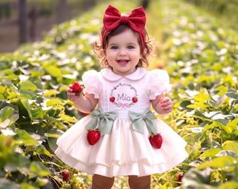 Vestido de fresa para el primer cumpleaños, conjunto personalizado con lazo grande para bebé niña, conjunto para fiesta temática de bayas, conjunto de cumpleaños para niña pequeña