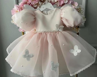 Vestido rosa de mariposa para bebé, vestido de tul para la primera fiesta de cumpleaños, atuendo para concurso de belleza.