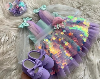 Mermaid First Birthday Dress: Under The Sea Outfit, Sequined Tulle Baby Girl Cake Smash Costume