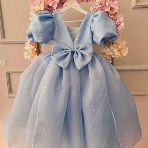 Blue Flower Girl Dress with Train, Wedding Flower Girl Dress, Junior Bridesmaid Dress, Blue 1st Birthday Dress, Satin Girl Dress, Baby Dress