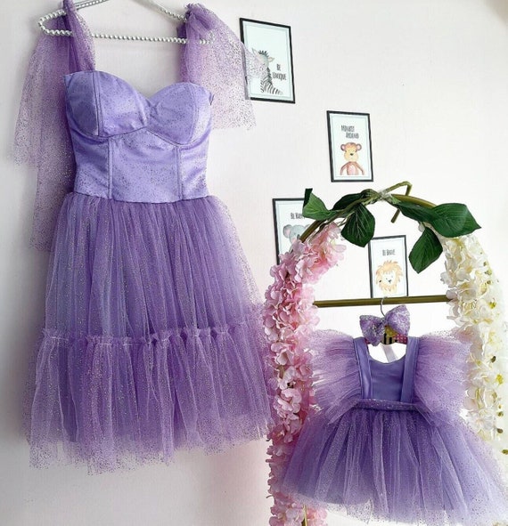 Purple Mother Daughter Matching Tulle Gown Dress,Mommy and Me Girls Evening Outfits, Mom and me Birthday Dress,Mother Daughter Wedding Dress