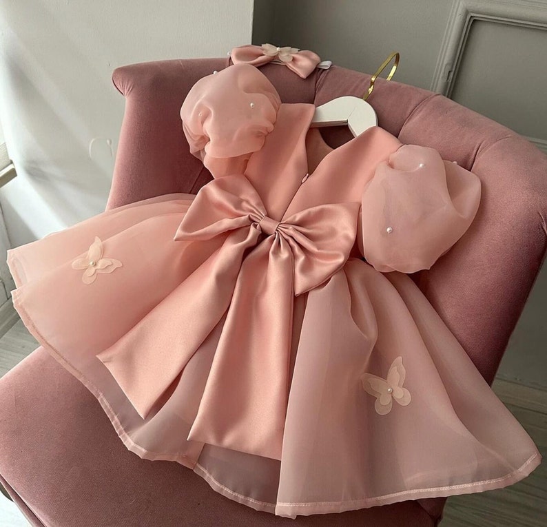 Robe poudré papillon bébé fille, Robe 1er anniversaire, Robe de demoiselle d'honneur poudré, Pour une occasion spéciale, Robe de soirée pour tout-petit image 3