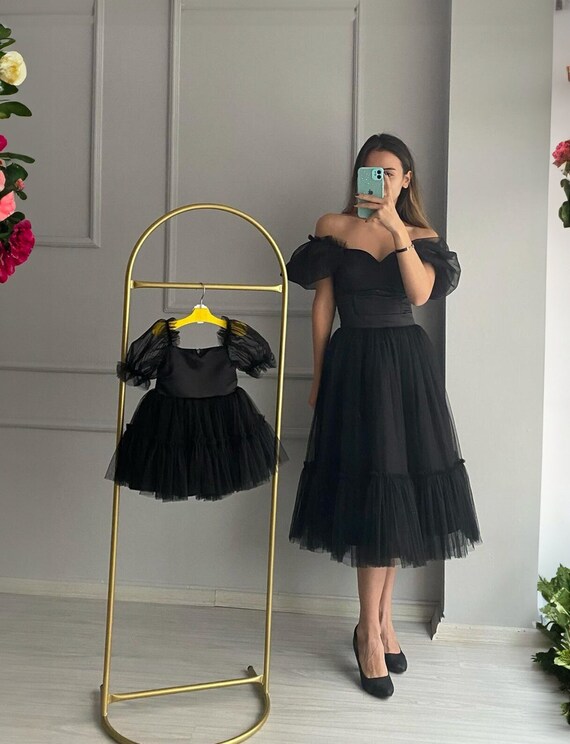 Mother Daughter Matching Black Tutu Dress, Mommy and Me Girls Evening Outfits, Wedding Dress Child,Feather Dress,Evening Dress